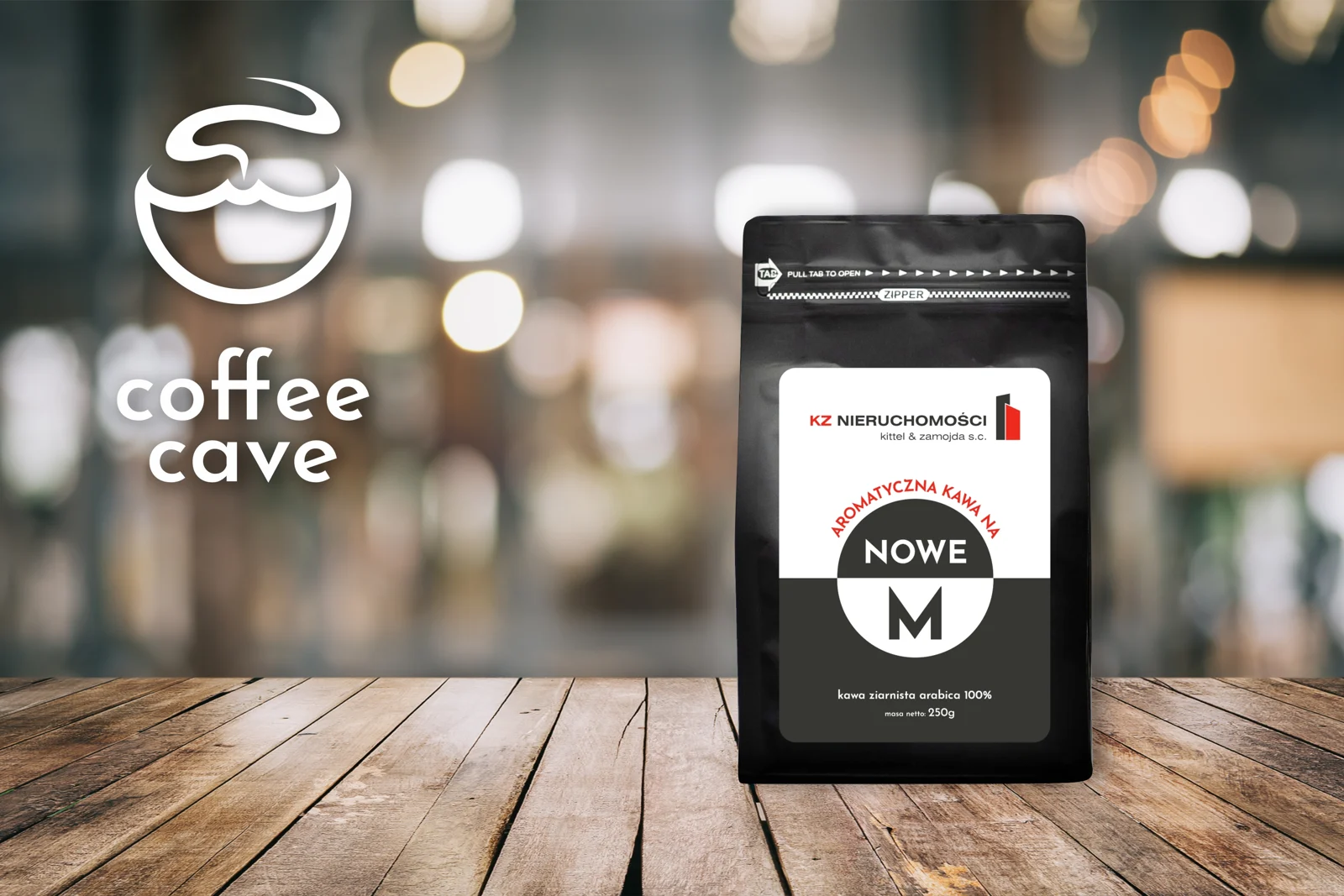 Przykład opakowania kawy z logo KZ Nieruchomości, materiał Coffee Cave